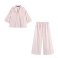 Women's Summer 2-Piece Set Cotton Linen Blend Short Sleeve Button Shirt And Wide Leg Drawstring Pants Casual Solid Color Streetwear Loungewear