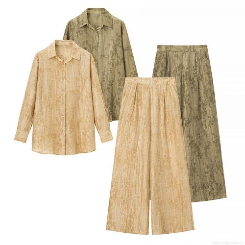 Women 2 Piece Pants Set Floral Jacquard Polyester Long Sleeve Button Down Shirt Wide Leg Trousers Casual Outfit Set Vintage Streetwear Suits