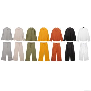 Women's Two Piece Set Outfits Solid Color Long Sleeve Button Down Shirt And High Waist Drawstring Wide Leg Pants Casual Minimalist Streetwear Clothing
