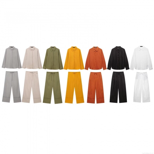 Women's Two Piece Set Outfits Solid Color Long Sleeve Button Down Shirt And High Waist Drawstring Wide Leg Pants Casual Minimalist Streetwear Clothing