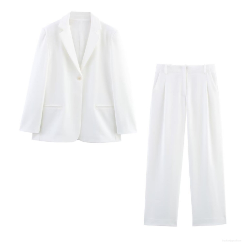 Women's Professional White Blazer and Pants Set Solid Color Single Button Notched Lapel Long Sleeve Woven Polyester Suit Business Casual Two Piece Outfit for Office Lady