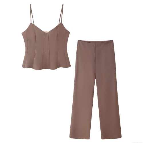 Women's Sexy V Neck Camisole Crop Top And High Waist Wide Leg Straight Pants Two Piece Set Solid Color Summer Outfits Streetwear Brown