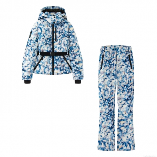 Women's Abstract Print Hooded Ski Suit Set Waterproof Padded Polyester Winter Jacket And Pants Outdoor Sports Snowboard Wear