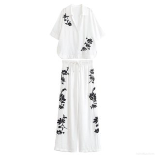Women's 2 Piece Set Sequin Flower Embroidery V Neck Short Sleeve Shirt and High Waist Drawstring Wide Leg Pants Summer Casual Vacation Street Style Outfits