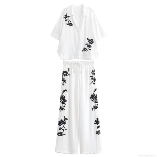 Women's 2 Piece Set Sequin Flower Embroidery V Neck Short Sleeve Shirt and High Waist Drawstring Wide Leg Pants Summer Casual Vacation Street Style Outfits