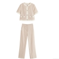 Women's Casual Blazer and Pants Two Piece Set Short Sleeve Round Neck Contrast Binding Jacket With High Waist Wide Leg Trousers Polyester Office Wear