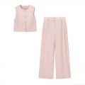 Women's 2 Piece Summer Casual Suit Set Pink Sleeveless Round Neck Button Vest Top and High Waist Pleated Wide Leg Pants Polyester Streetwear Outfit for Office Vacation Women