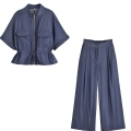 Women's Summer Polyester Two Piece Set Solid Color Zipper Short Sleeve Shirt and Drawstring Wide Leg Pants Streetwear Tracksuit Outfits