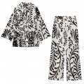 Women's Summer Vintage Botanical Print 2-Piece Outfits Kimono Style Wrap Top and Wide Leg Pants Set Polyester Cotton Beach Vacation Streetwear