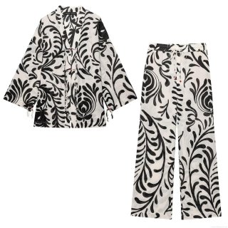 Women's Summer Vintage Botanical Print 2-Piece Outfits Kimono Style Wrap Top and Wide Leg Pants Set Polyester Cotton Beach Vacation Streetwear