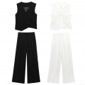 Women Vest And Pants Set Polyester Asymmetric Button Sleeveless V Neck High Waist Wide Leg Trousers Two Piece Outfits Elegant Casual Streetwear Suits For Office Daily Lady Wear