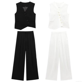Women Vest And Pants Set Polyester Asymmetric Button Sleeveless V Neck High Waist Wide Leg Trousers Two Piece Outfits Elegant Casual Streetwear Suits For Office Daily Lady Wear
