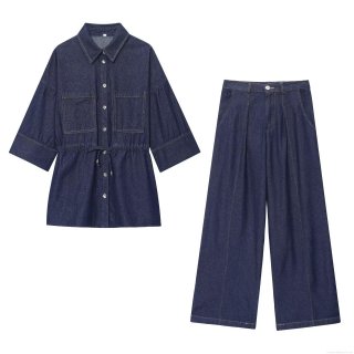 Women's Two Piece Denim Set Casual Lace Up Short Sleeve Top And High Waist Wide Leg Pants Streetwear Summer Outfit Dark Blue Jeans Co-ord