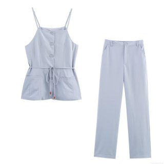 Women's Summer 2 Piece Outfits Sleeveless Button Camisole With Beaded Waist Belt High Waist Straight Leg Pants Solid Color Polyester Streetwear Set