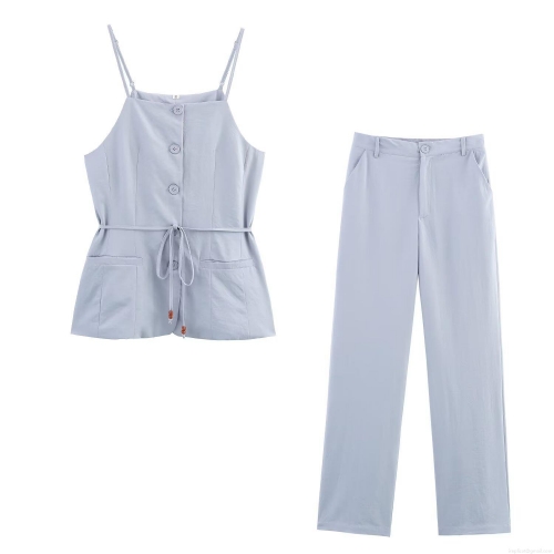 Women's Summer 2 Piece Outfits Sleeveless Button Camisole With Beaded Waist Belt High Waist Straight Leg Pants Solid Color Polyester Streetwear Set