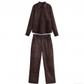 Women's European Style Faux Suede Two-Piece Set Solid Color Long Sleeve Button Shirt Jacket And High Waist Wide Leg Pants Set For Autumn Winter Streetwear Casual Outfit Dark Brown