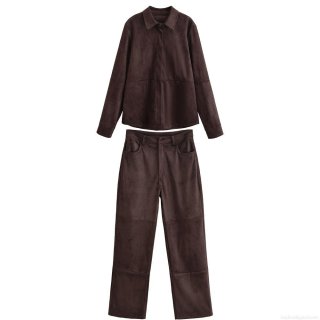 Women's European Style Faux Suede Two-Piece Set Solid Color Long Sleeve Button Shirt Jacket And High Waist Wide Leg Pants Set For Autumn Winter Streetwear Casual Outfit Dark Brown