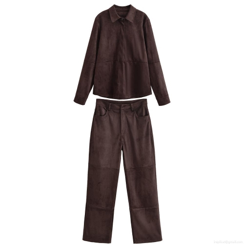 Women's European Style Faux Suede Two-Piece Set Solid Color Long Sleeve Button Shirt Jacket And High Waist Wide Leg Pants Set For Autumn Winter Streetwear Casual Outfit Dark Brown