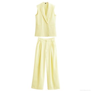 Women's 2 Piece Set Casual Vest And Wide Leg Pants Solid Color Double Breasted Waistcoat High Waist Trouser Suit Streetwear Office Lady Outfit