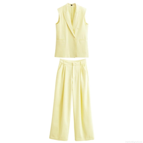 Women's 2 Piece Set Casual Vest And Wide Leg Pants Solid Color Double Breasted Waistcoat High Waist Trouser Suit Streetwear Office Lady Outfit