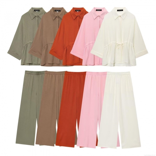 Women's Two Piece Pants Set Casual Loose Drawstring Shirt And Wide Leg Pants Polyester Crinkle Fabric Solid Color Autumn Streetwear Outfits