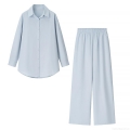 Women's Casual Two Piece Set Solid Color Long Sleeve Button Up Shirt And Elastic Waist Wide Leg Pants Set Polyester Lounge Set Streetwear Outfits For Women