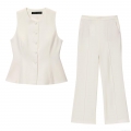 Women's Elegant Off-White Two-Piece Set Sleeveless Button-Down Waistcoat Peplum Vest And High Waist Wide-Leg Pants Suit Fabric Streetwear Trousers Set