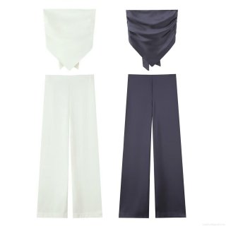 Women's 2 Piece Satin Outfits Tube Top and High Waist Wide Leg Pants Set Solid Color Elegant Streetwear Summer Outfits for Women Party Clubwear