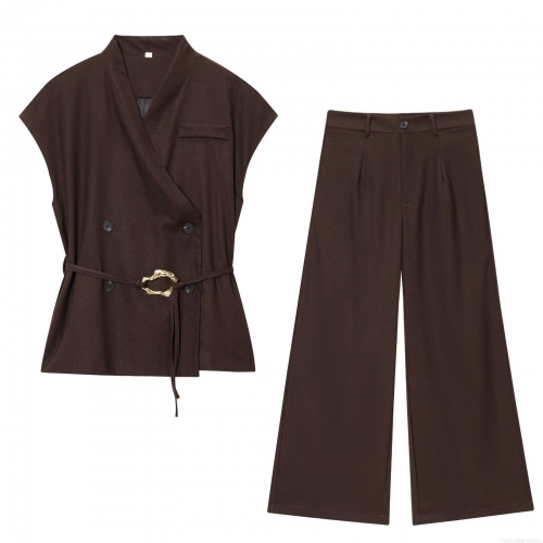 Women 2 Piece Outfits Polyester Sleeveless Double Breasted Vest Top and High Waist Wide Leg Pants Set Solid Color Streetwear Autumn Business Casual Suits