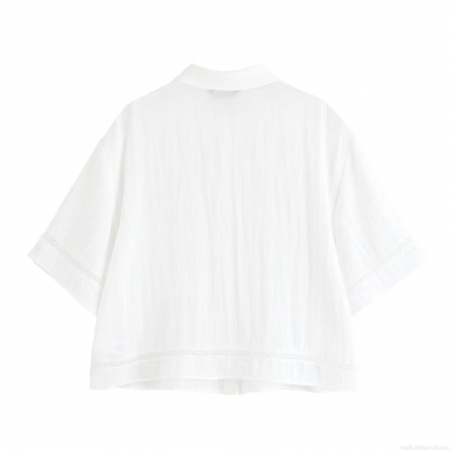 Women's Casual 2-Piece Pant Set Crinkled Texture Short Sleeve Shirt With Lace Trim And Wide Leg Elastic Waist Pants Solid White Summer Streetwear Outfit