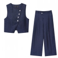 Women 2-Piece Outfit Set Asymmetric Button Vest Waistcoat High Waist Wide Leg Pants Set Navy Blue Polyester Linen Feel Casual Streetwear Autumn Suit