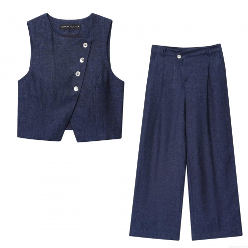 Women 2-Piece Outfit Set Asymmetric Button Vest Waistcoat High Waist Wide Leg Pants Set Navy Blue Polyester Linen Feel Casual Streetwear Autumn Suit