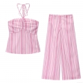 Women's Striped Two Piece Set Halter Neck Sleeveless Crop Top And Wide Leg Pants Polyester Streetwear Casual Outfits For Summer Autumn Women