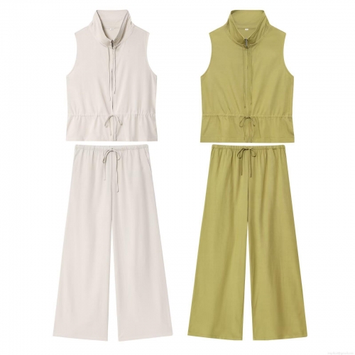 Women's Casual Two Piece Pants Set Zip Up Stand Collar Sleeveless Vest And Drawstring Wide Leg Pants Solid Color Streetwear Tracksuit For Ladies