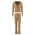 Women Ribbed Knit Cardigan Top High Waist Flare Pants Two Piece Set Long Sleeve V Neck Bow Decor Autumn Streetwear Outfits