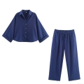 Women's Two Piece Outfits Casual Solid Color Long Sleeve Button Down Shirt Top And Elastic High Waist Drawstring Wide Leg Pants Loose Streetwear Sets