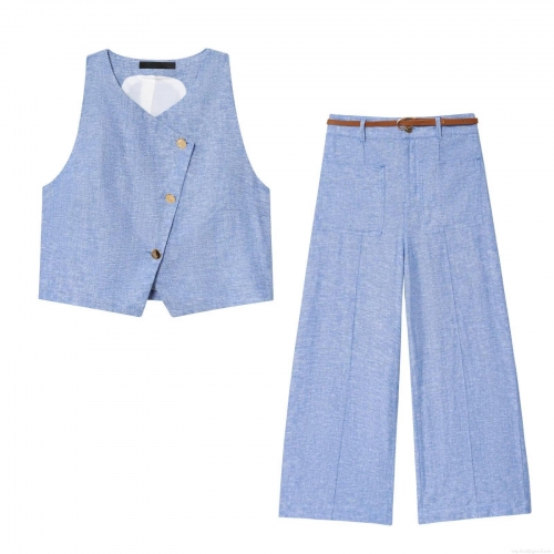 Women's 2-Piece Sleeveless Vest and Wide Leg Pants Set with Belt Western Style Polyester Linen Texture Casual Streetwear Co-ords Outfits