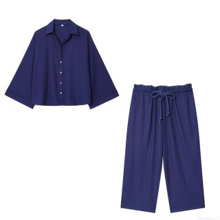 Women's 2 Piece Casual Set Solid Color Polyester Long Sleeve Button Down Shirt And Wide Leg Drawstring Pants Loose Fit Autumn Outfits Streetwear