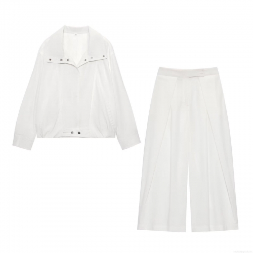 Women's 2-Piece Set Casual Polyester Long Sleeve Zip Up Pilot Jacket And High Waisted Wide Leg Pleated Pants Streetwear Fashion Solid White Autumn Outerwear Outfit