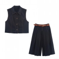 Women's 2 Piece Casual Suit Set Sleeveless Lapel Vest With Contrast Stitching And Pleated Wide Leg Pants With Belt Western Street Style Autumn Outfit