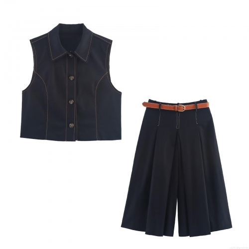 Women's 2 Piece Casual Suit Set Sleeveless Lapel Vest With Contrast Stitching And Pleated Wide Leg Pants With Belt Western Street Style Autumn Outfit