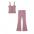 Women's Knitted Striped Two Piece Set Polyester Crochet Lace Camisole Top With High Waist Flare Pants Casual Retro Streetwear Coordinates Outfit