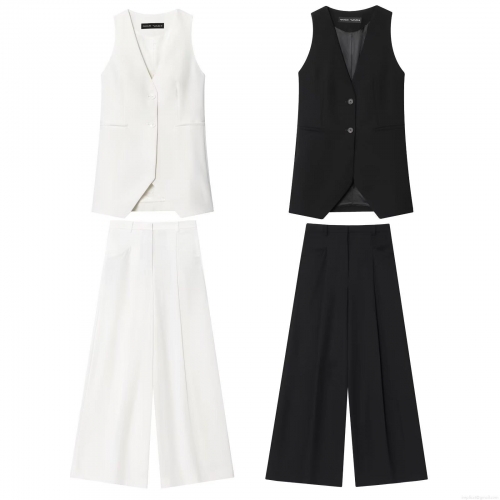 Women's Casual 2 Piece Suit Set Solid Color V Neck Sleeveless Vest and High Waist Wide Leg Pants Office Lady Streetwear Outfit