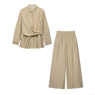Women's 2 Piece Outfits Set Elegant Long Sleeve Cross Tie Waist Shirt Blouse Top and High Waist Wide Leg Pants Suits 100% Polyester Khaki Fall Streetwear Sets