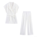 Women Western Style Sleeveless Vest With Belt And Wide Leg Pleated Pants Linen Blend Two Piece Casual Suit For Office White