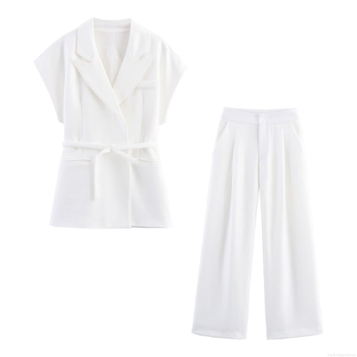 Women Western Style Sleeveless Vest With Belt And Wide Leg Pleated Pants Linen Blend Two Piece Casual Suit For Office White