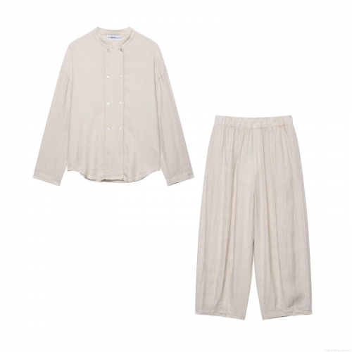 Women's Casual Two Piece Set 100% Polyester Long Sleeve Double Breasted Shirt and Wide Leg Pants Minimalist Oatmeal Solid Color Outfit For Daily Streetwear