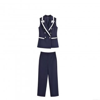 Women's Sleeveless Double Breasted Vest And Straight Leg Pants Two Piece Set Navy Blue Contrast Trim Suit For Office Street Wear