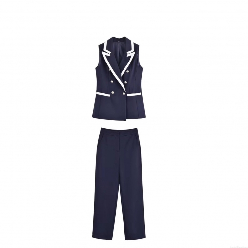 Women's Sleeveless Double Breasted Vest And Straight Leg Pants Two Piece Set Navy Blue Contrast Trim Suit For Office Street Wear
