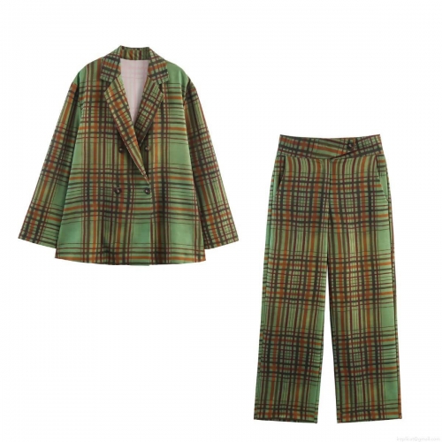 Women's 2 Piece Plaid Suit Sets Double Breasted Blazer Jacket and High Waist Wide Leg Pants Outfits Vintage British Style Streetwear Casual Formal Office Sets
